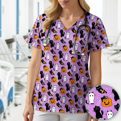 Purple Halloween Black Cat Pattern Scrub Top, Comfortable Scrubs for Nurses