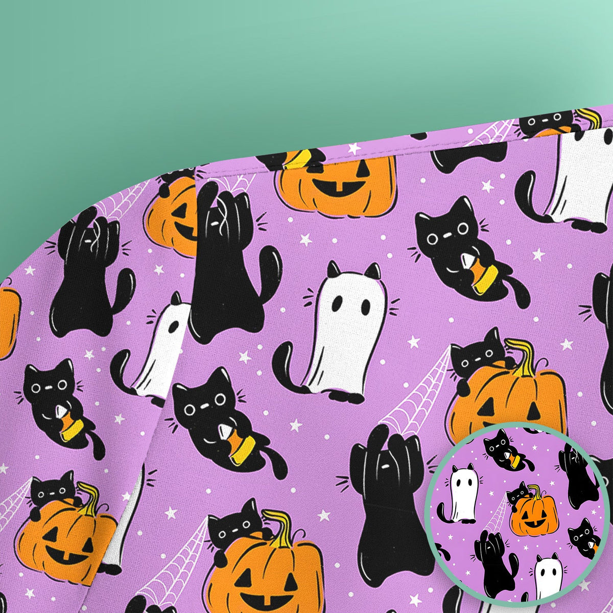 Purple Halloween Black Cat Pattern Scrub Top, Comfortable Scrubs for Nurses