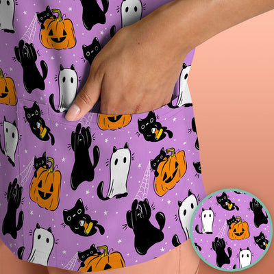 Purple Halloween Black Cat Pattern Scrub Top, Comfortable Scrubs for Nurses