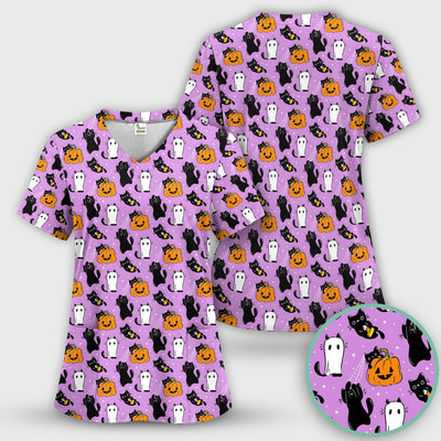 Purple Halloween Black Cat Pattern Scrub Top, Comfortable Scrubs for Nurses