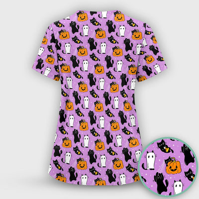 Purple Halloween Black Cat Pattern Scrub Top, Comfortable Scrubs for Nurses