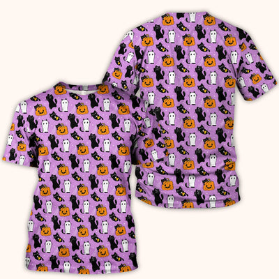 Purple Halloween Black Cat Pattern Scrub Top, Comfortable Scrubs for Nurses