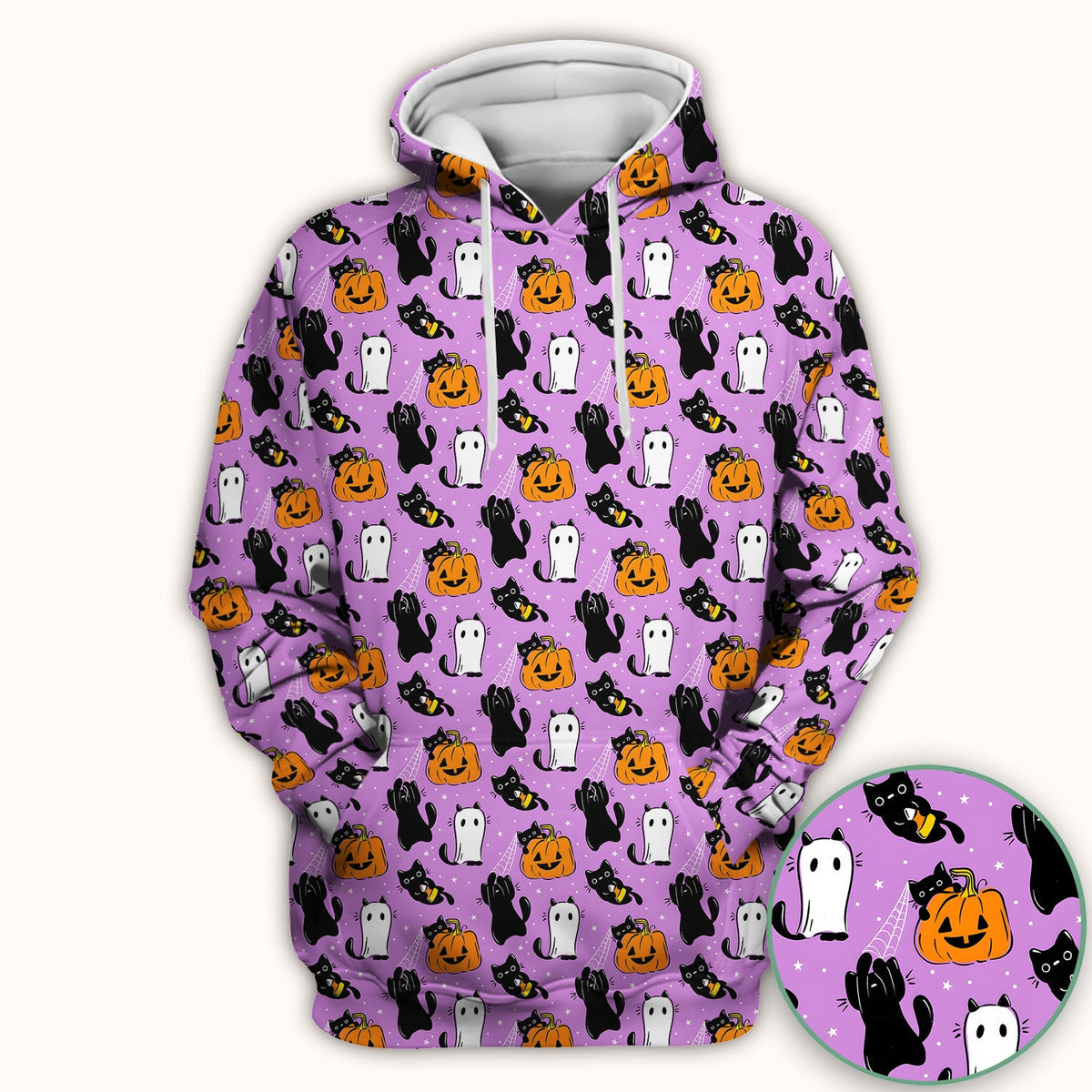 Purple Halloween Black Cat Pattern Scrub Top, Comfortable Scrubs for Nurses