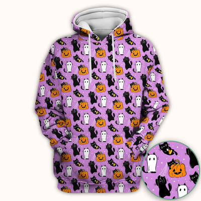 Purple Halloween Black Cat Pattern Scrub Top, Comfortable Scrubs for Nurses