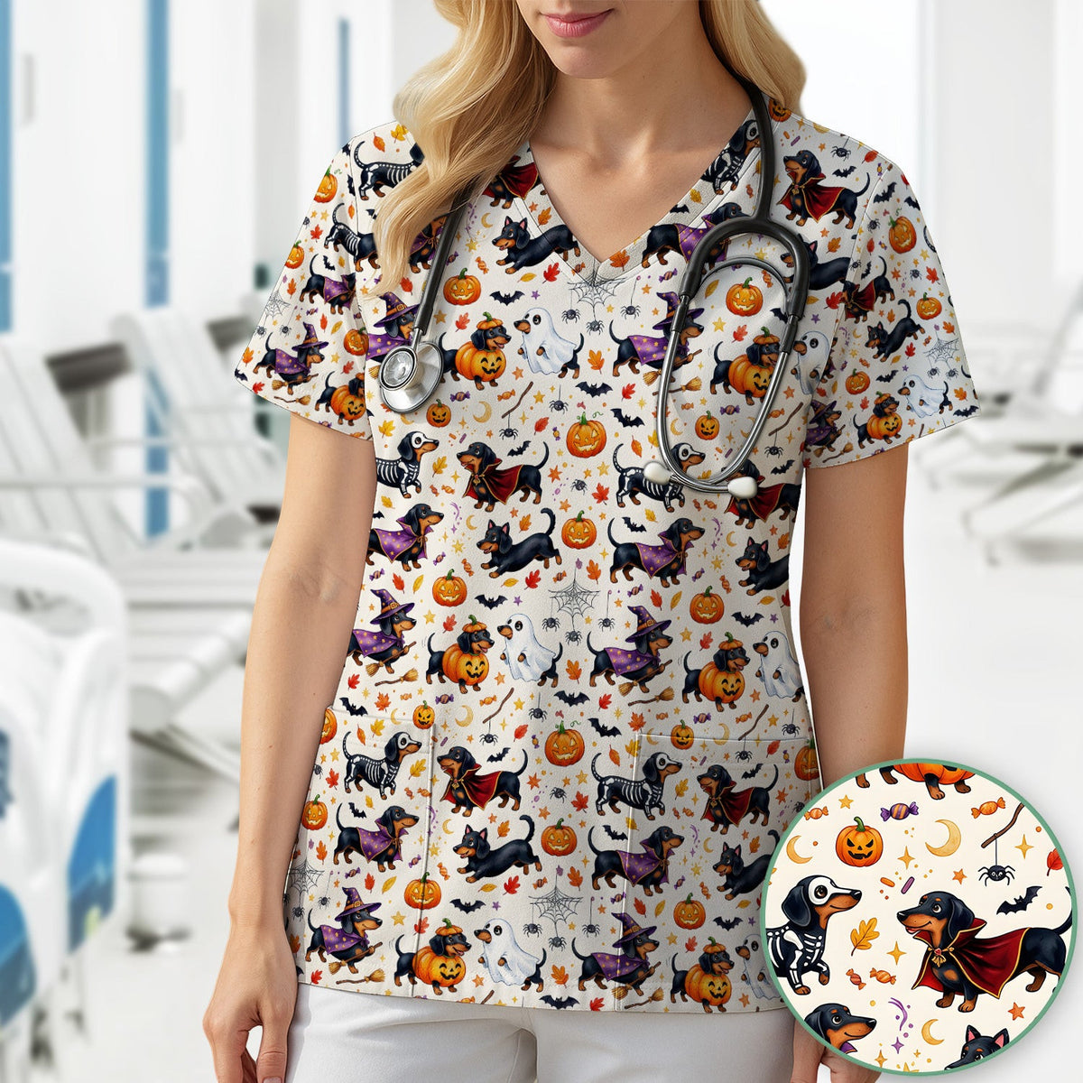 Cute Halloween Dachshund Costume Pattern Scrub Top, Comfortable Scrubs for Nurses