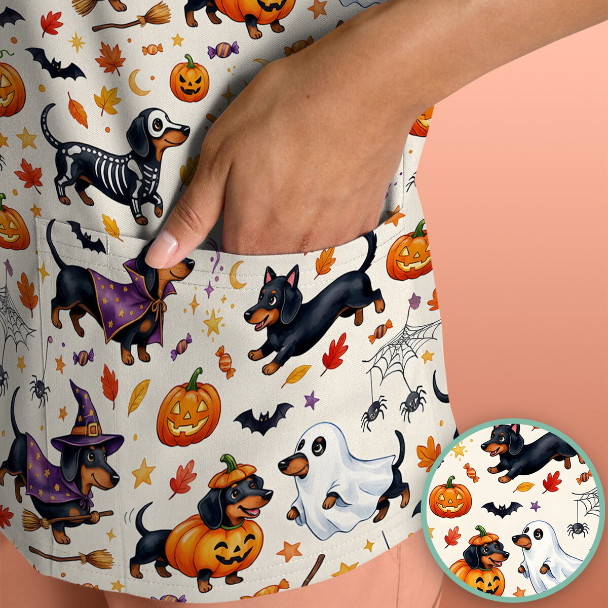 Cute Halloween Dachshund Costume Pattern Scrub Top, Comfortable Scrubs for Nurses