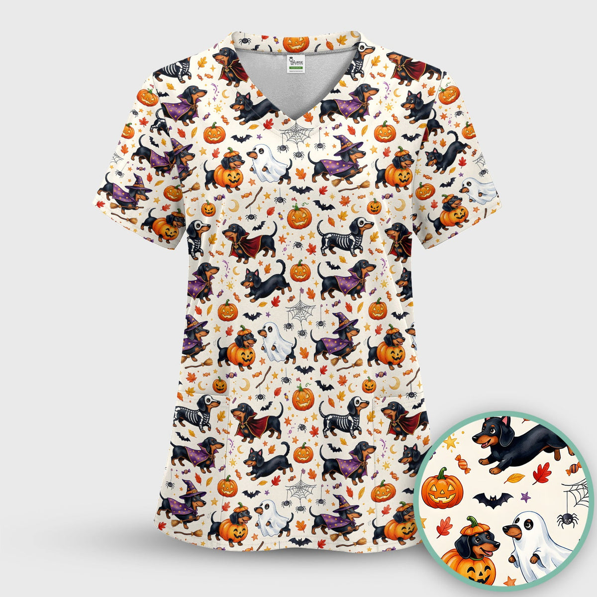 Cute Halloween Dachshund Costume Pattern Scrub Top, Comfortable Scrubs for Nurses
