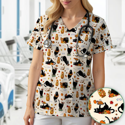Cute Thanksgiving Black Cat Pattern Scrub Top, Comfortable Scrubs for Nurses