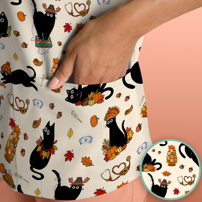 Cute Thanksgiving Black Cat Pattern Scrub Top, Comfortable Scrubs for Nurses