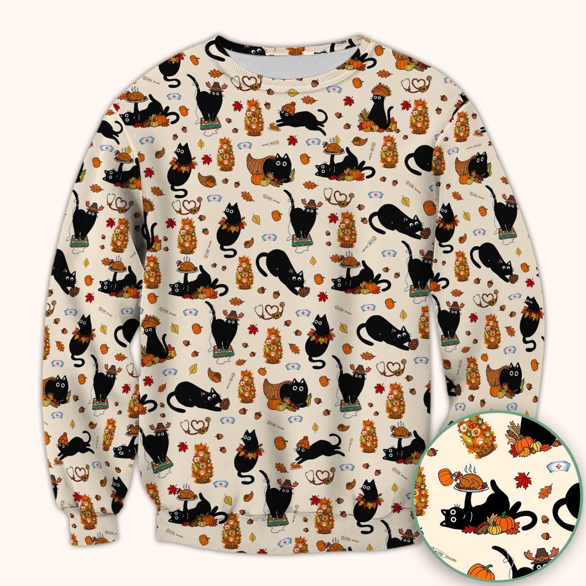 Cute Thanksgiving Black Cat Pattern Scrub Top, Comfortable Scrubs for Nurses