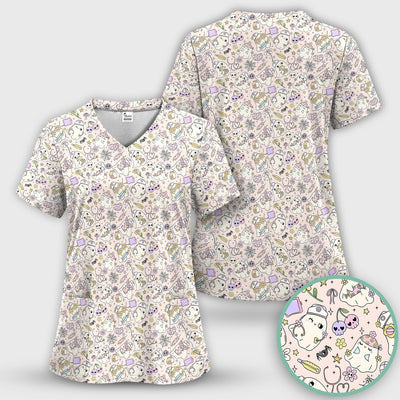 Cute Halloween Nurse Ghosts Pattern Scrub Top, Comfortable Scrubs for Nurses