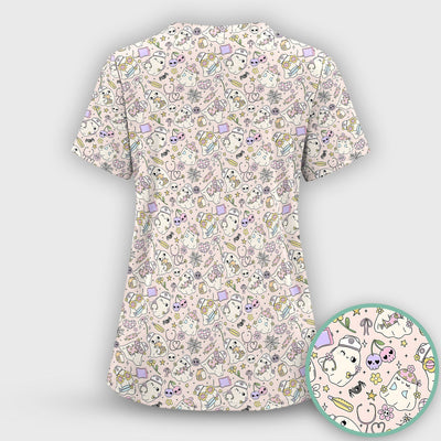 Cute Halloween Nurse Ghosts Pattern Scrub Top, Comfortable Scrubs for Nurses