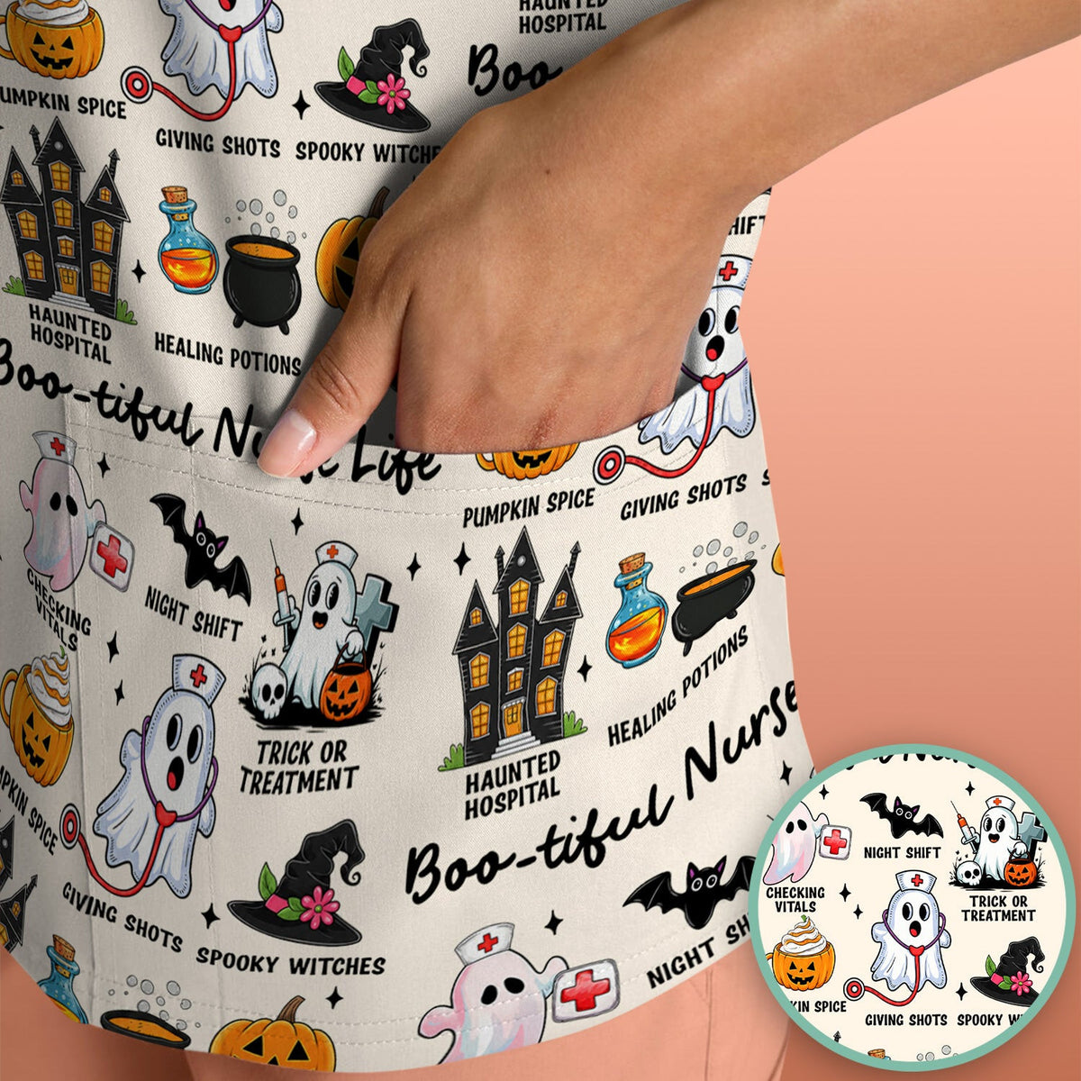 Spooky Halloween Boo-tiful Nurse Life Scrub Top, Comfortable Scrubs for Nurses