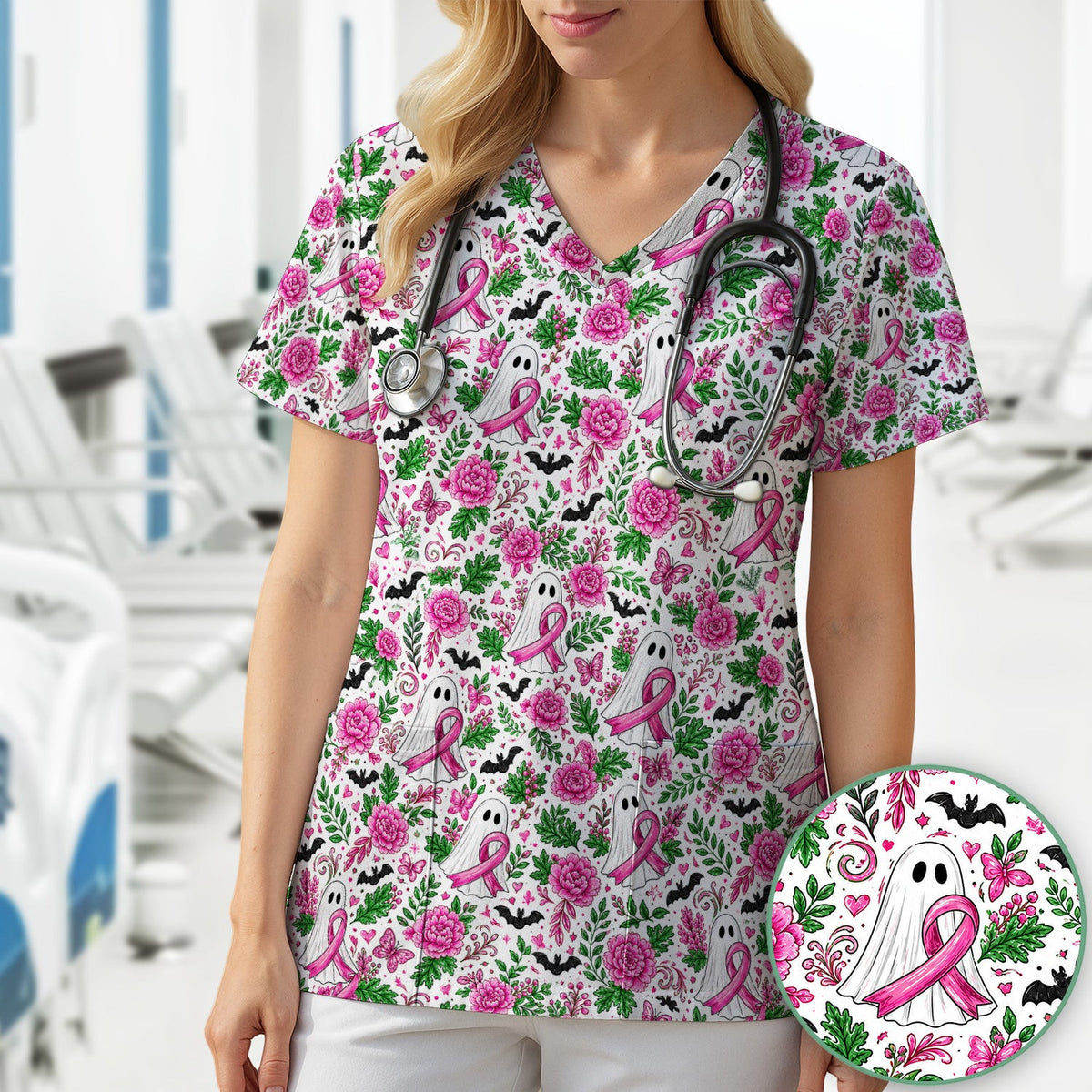 Breast Cancer Awareness Floral Ghost Scrub Top, Comfortable Scrubs for Nurses