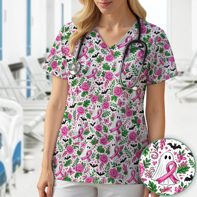 Breast Cancer Awareness Floral Ghost Scrub Top, Comfortable Scrubs for Nurses