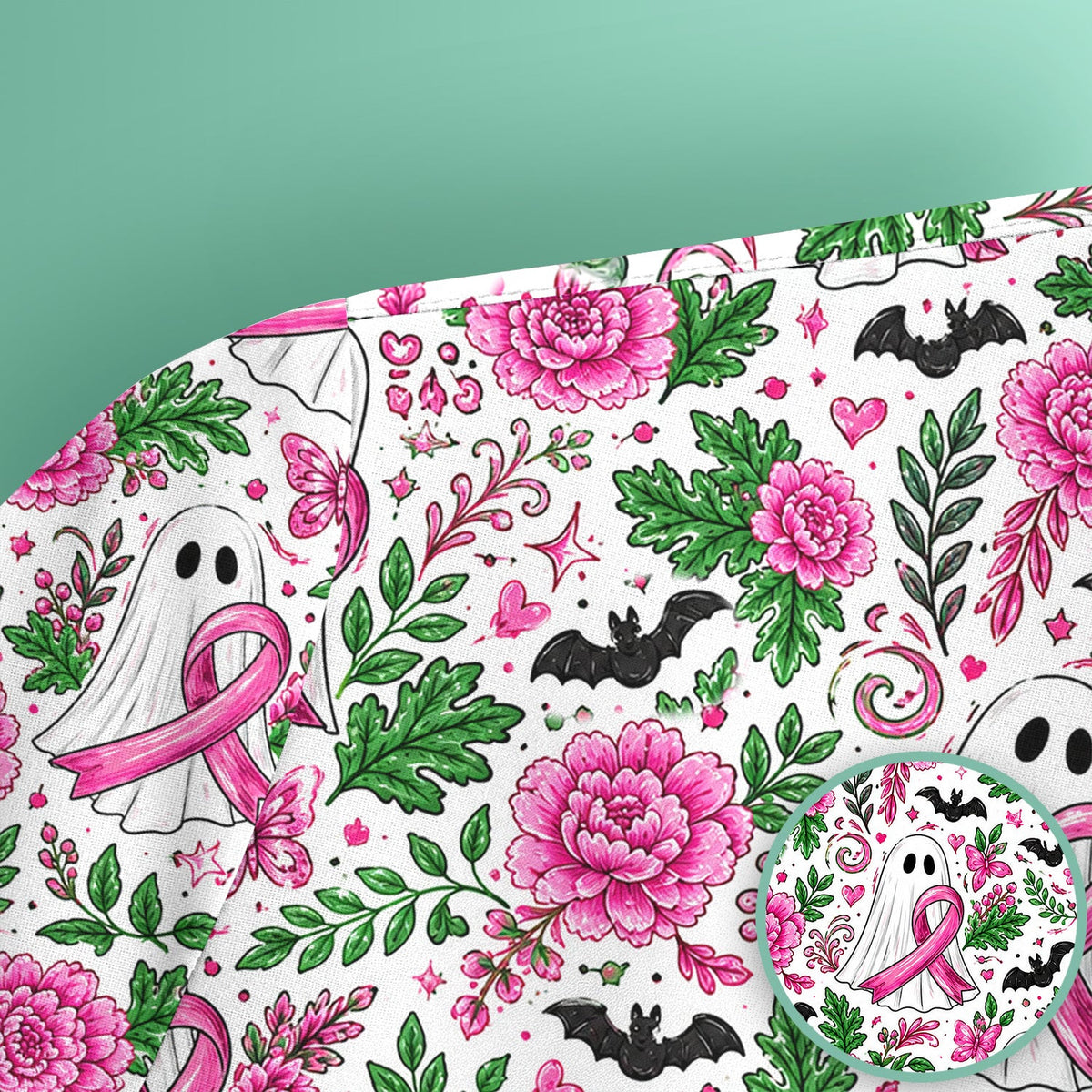 Breast Cancer Awareness Floral Ghost Scrub Top, Comfortable Scrubs for Nurses