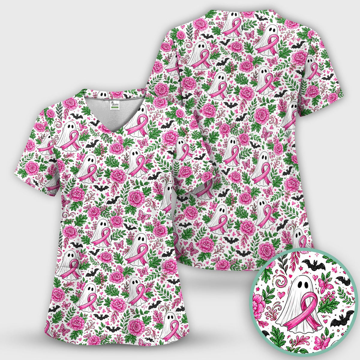 Breast Cancer Awareness Floral Ghost Scrub Top, Comfortable Scrubs for Nurses