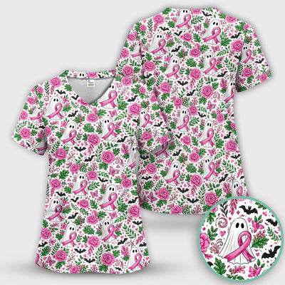 Breast Cancer Awareness Floral Ghost Scrub Top, Comfortable Scrubs for Nurses