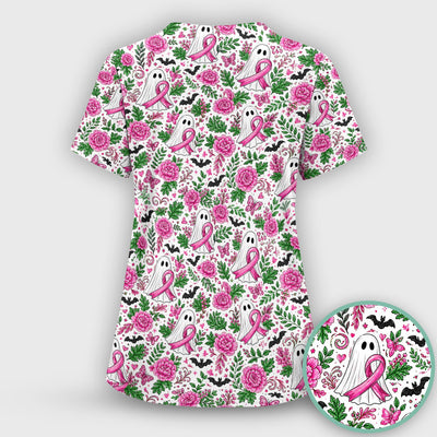 Breast Cancer Awareness Floral Ghost Scrub Top, Comfortable Scrubs for Nurses