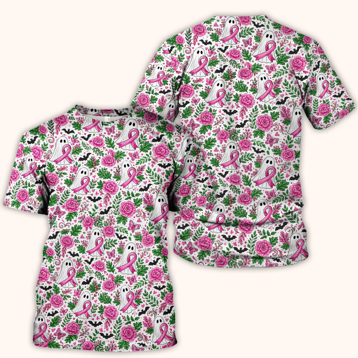 Breast Cancer Awareness Floral Ghost Scrub Top, Comfortable Scrubs for Nurses