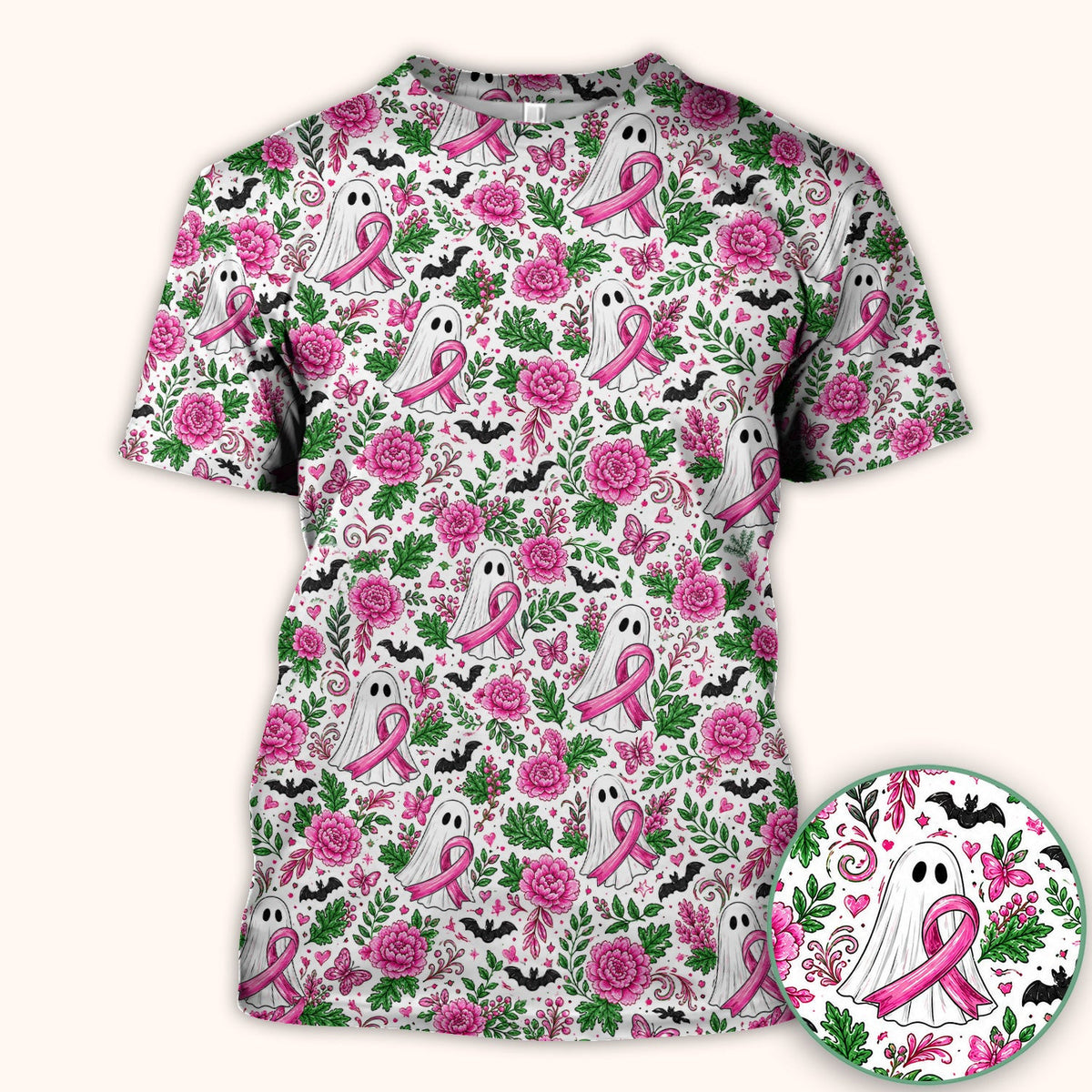 Breast Cancer Awareness Floral Ghost Scrub Top, Comfortable Scrubs for Nurses