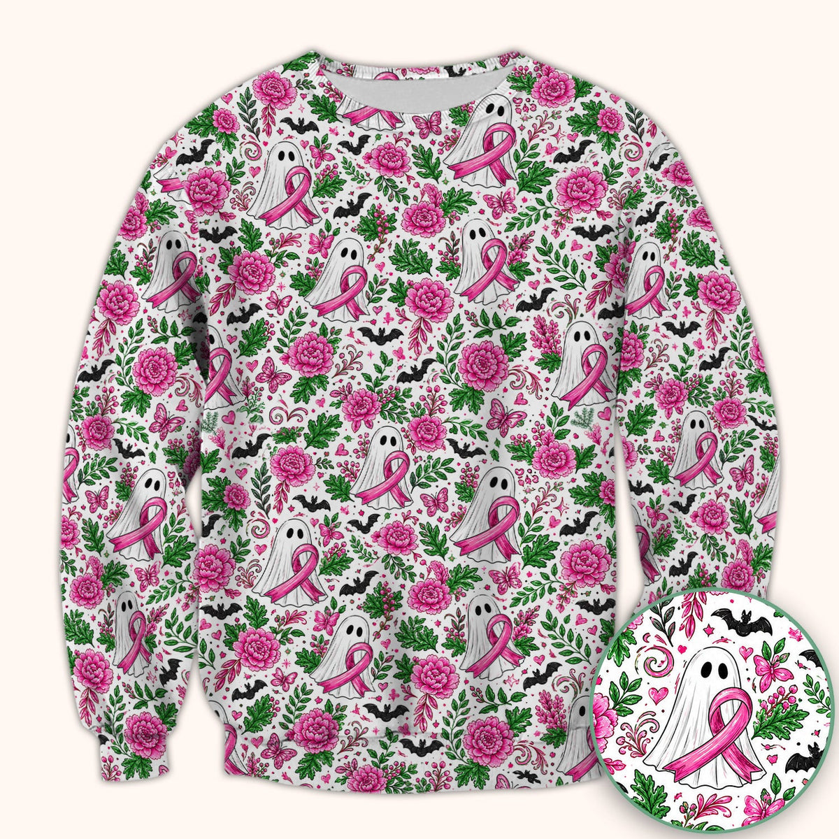Breast Cancer Awareness Floral Ghost Scrub Top, Comfortable Scrubs for Nurses