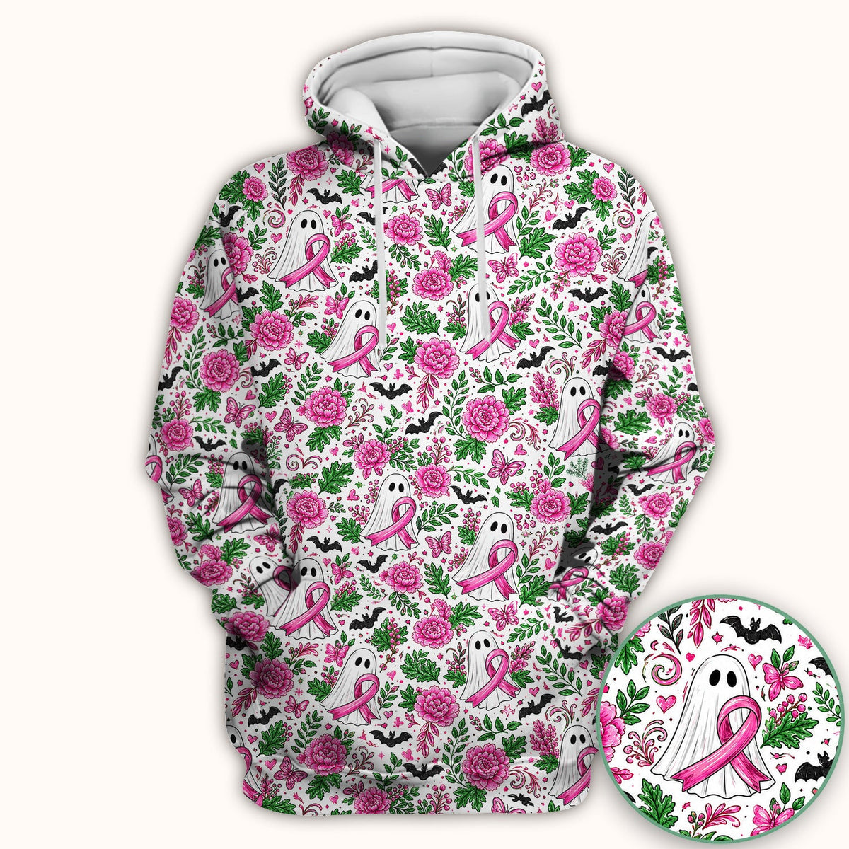 Breast Cancer Awareness Floral Ghost Scrub Top, Comfortable Scrubs for Nurses
