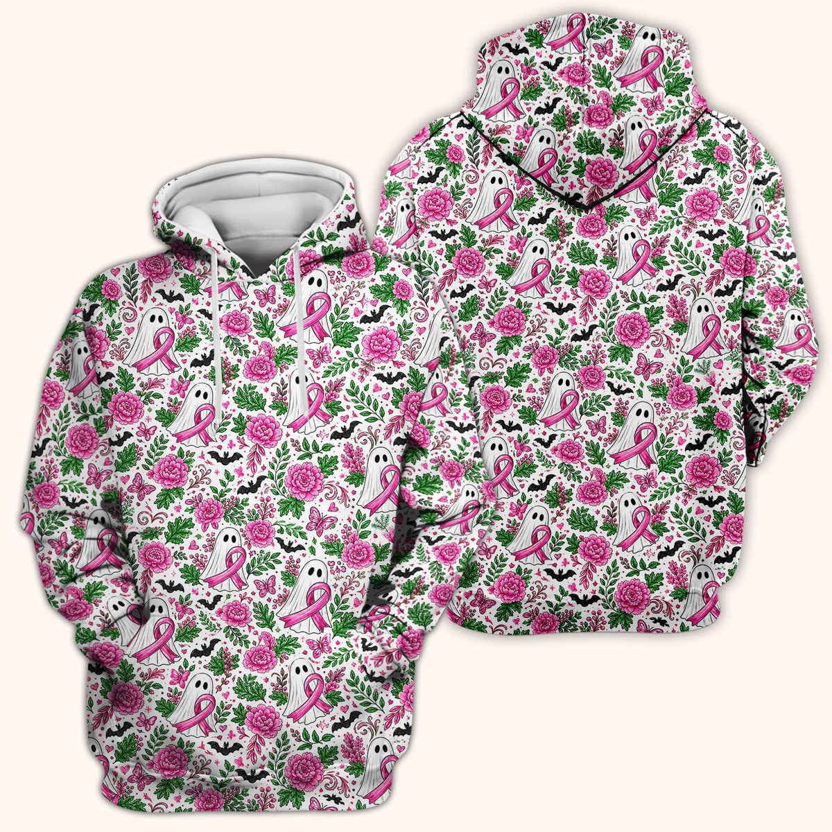 Breast Cancer Awareness Floral Ghost Scrub Top, Comfortable Scrubs for Nurses