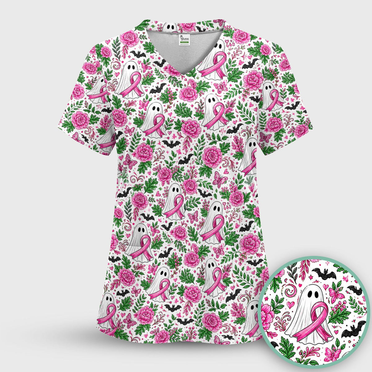 Breast Cancer Awareness Floral Ghost Scrub Top, Comfortable Scrubs for Nurses