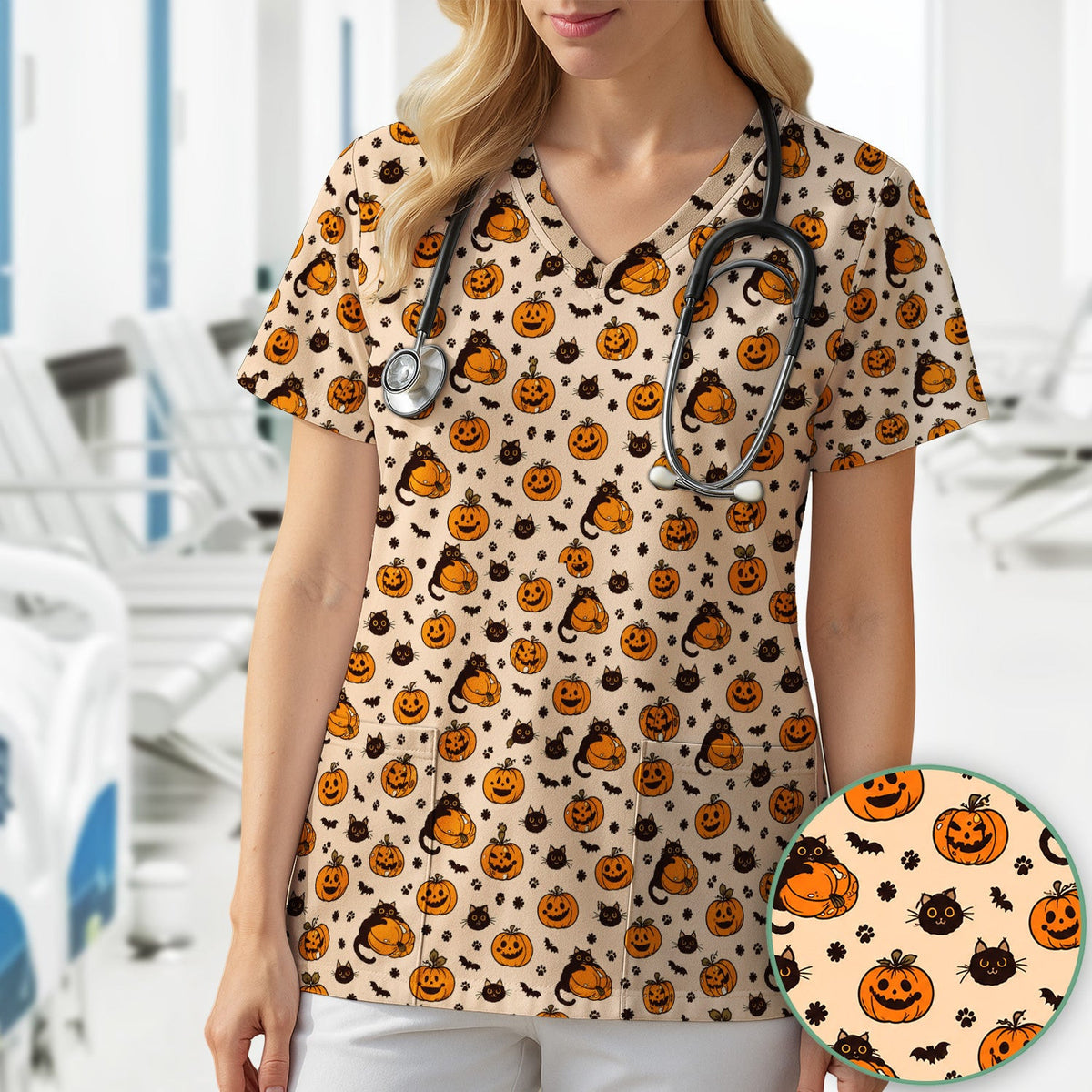 Halloween Black Cats Jack O Lanterns Scrub Top, Comfortable Scrubs for Nurses