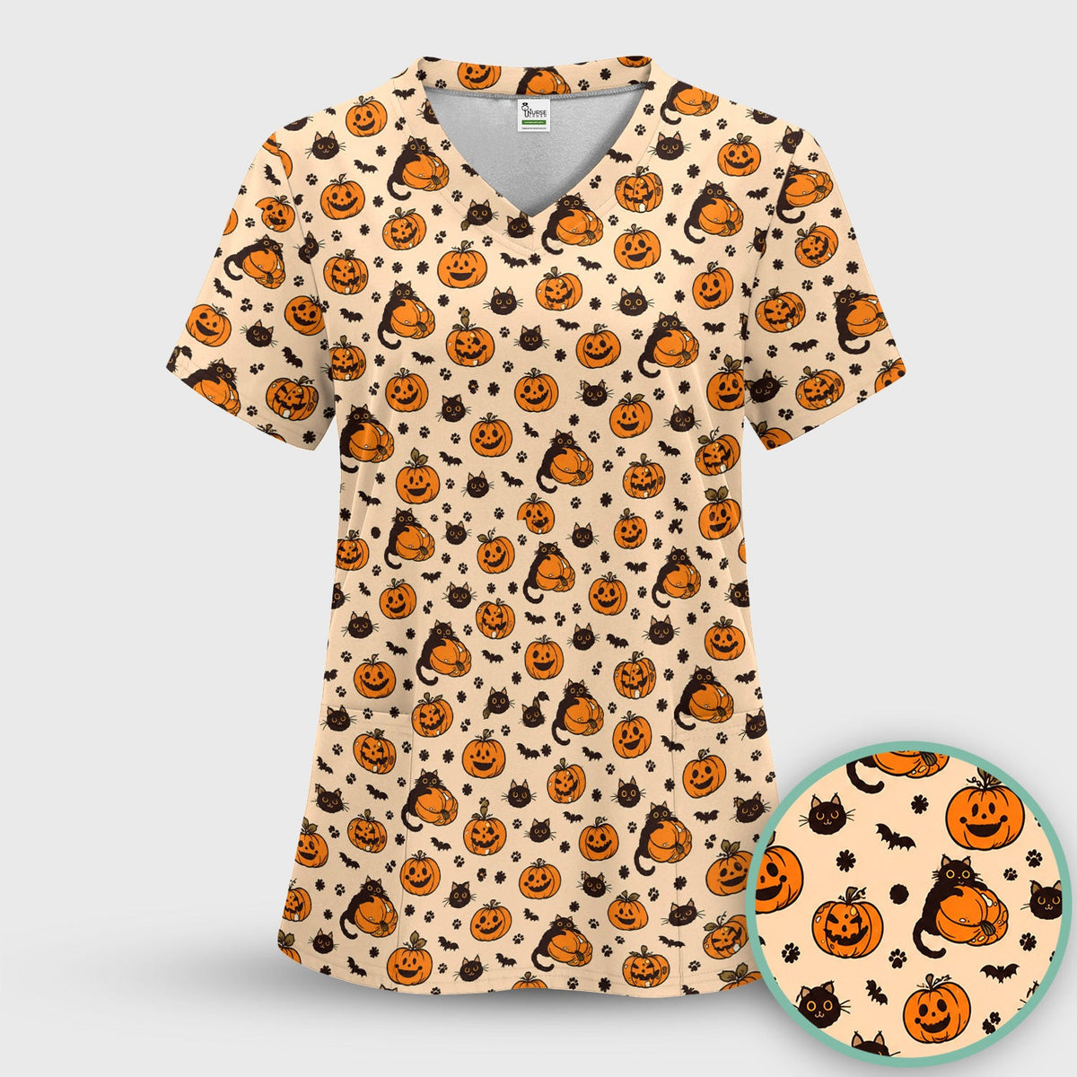 Halloween Black Cats Jack O Lanterns Scrub Top, Comfortable Scrubs for Nurses