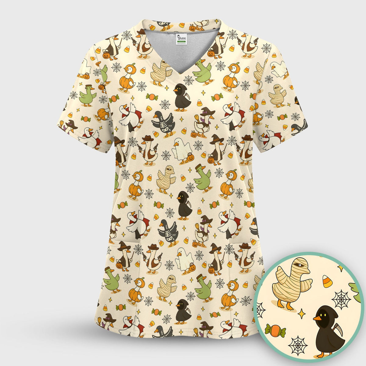 Funny Halloween Costume Ducks Pattern Scrub Top, Comfortable Scrubs for Nurses