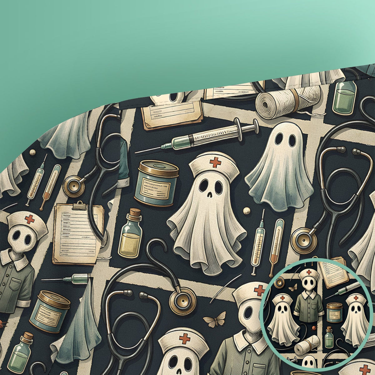 Spooky Halloween Ghost Nurse Print Scrub Top, Comfortable Scrubs for Nurses
