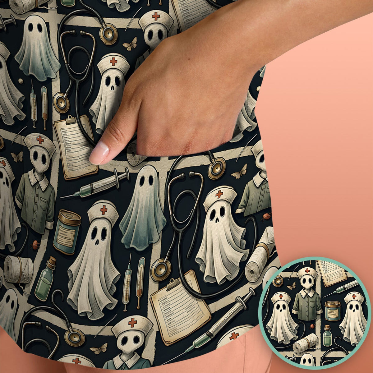 Spooky Halloween Ghost Nurse Print Scrub Top, Comfortable Scrubs for Nurses