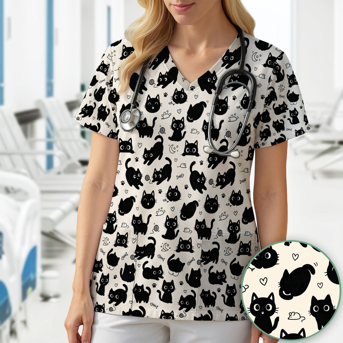Cute Playful Black Cat Pattern Scrub Top, Comfortable Scrubs for Nurses