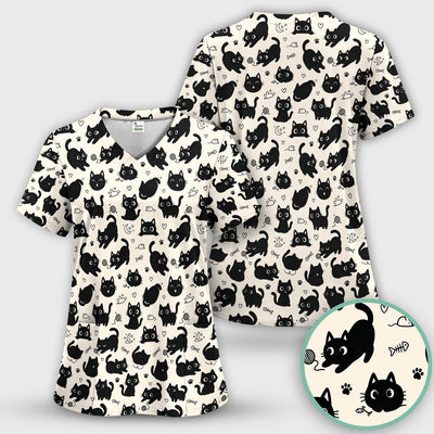 Cute Playful Black Cat Pattern Scrub Top, Comfortable Scrubs for Nurses