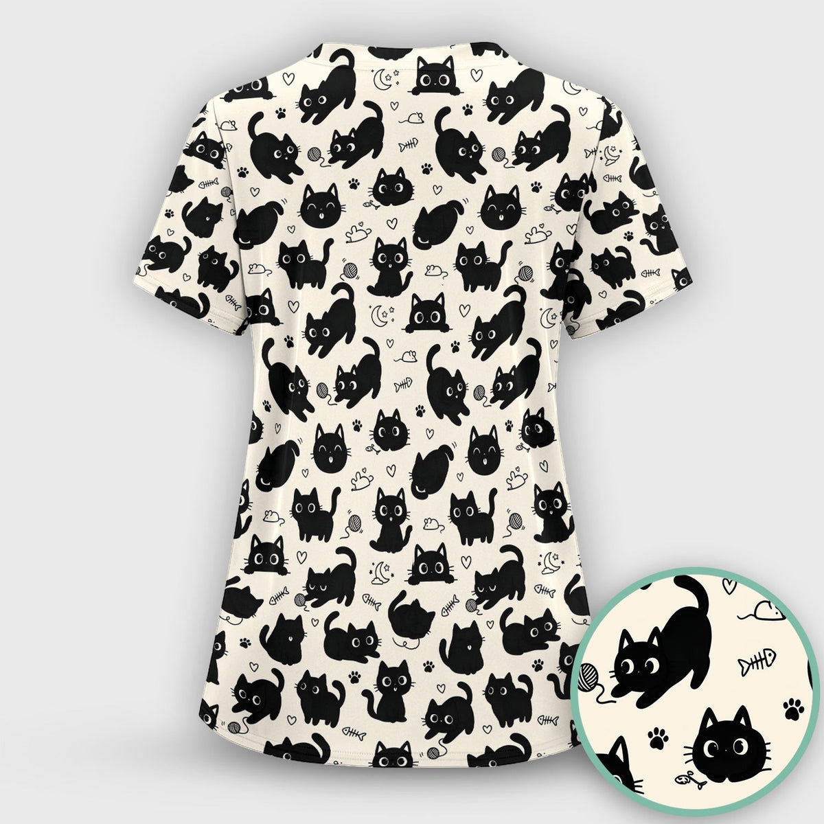 Cute Playful Black Cat Pattern Scrub Top, Comfortable Scrubs for Nurses