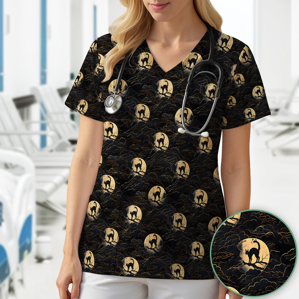 Halloween Black Cat In Moonlight Scrub Top, Comfortable Scrubs for Nurses