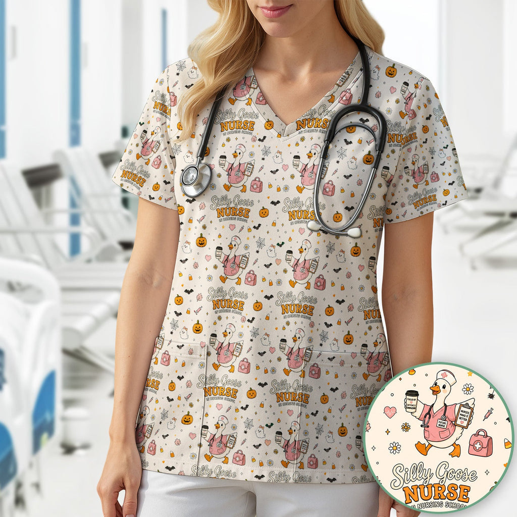Funny Halloween Silly Goose Pattern Scrub Top, Comfortable Scrubs for Nurses