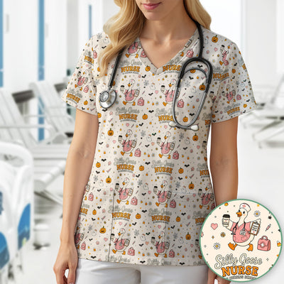 Funny Halloween Silly Goose Pattern Scrub Top, Comfortable Scrubs for Nurses