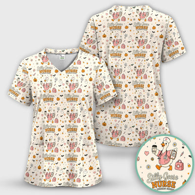 Funny Halloween Silly Goose Pattern Scrub Top, Comfortable Scrubs for Nurses