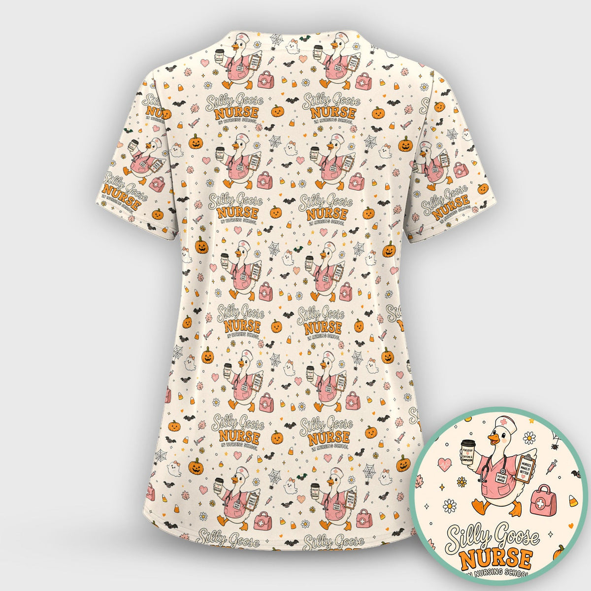 Funny Halloween Silly Goose Pattern Scrub Top, Comfortable Scrubs for Nurses