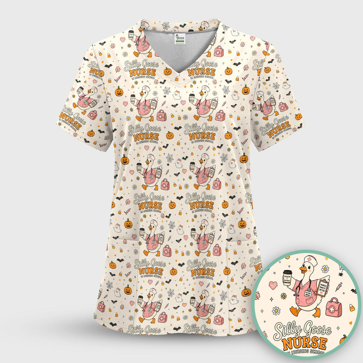 Funny Halloween Silly Goose Pattern Scrub Top, Comfortable Scrubs for Nurses
