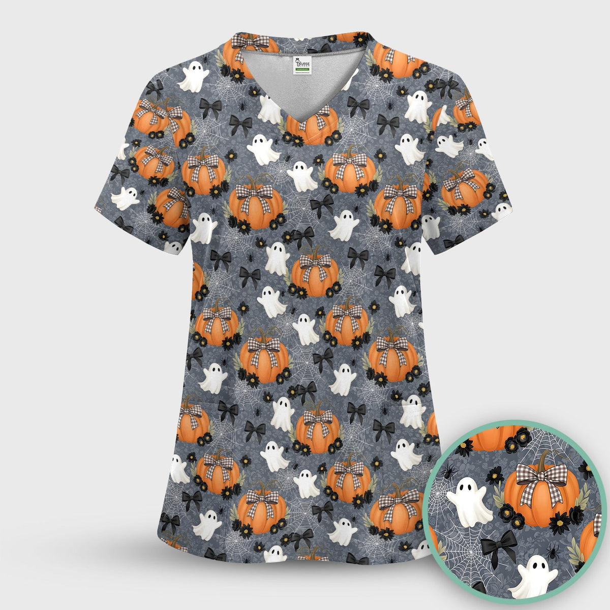 Cute Halloween Ghost And Pumpkin Scrub Top, Comfortable Scrubs for Nurses