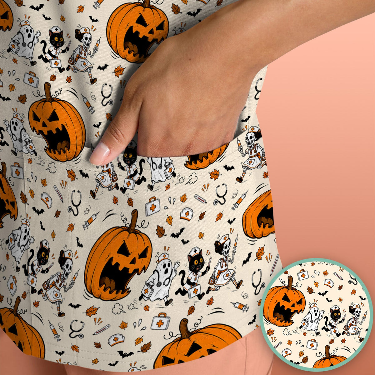 Funny Halloween Pumpkin Chasing Nurses Scrub Top, Comfortable Scrubs for Nurses