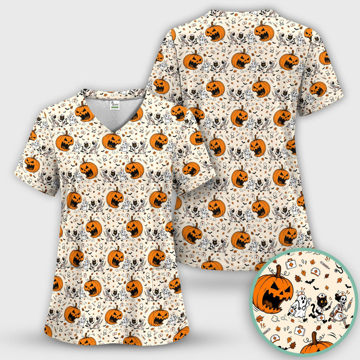 Funny Halloween Pumpkin Chasing Nurses Scrub Top, Comfortable Scrubs for Nurses