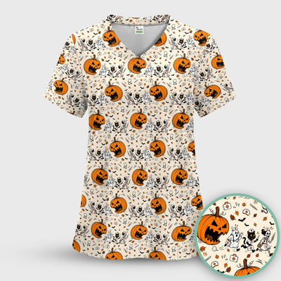 Funny Halloween Pumpkin Chasing Nurses Scrub Top, Comfortable Scrubs for Nurses