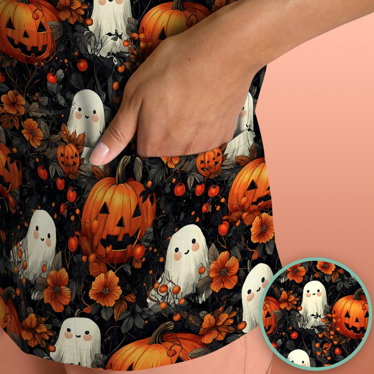 Spooky Halloween Ghost And Pumpkin Pattern Scrub Top, Comfortable Scrubs for Nurses