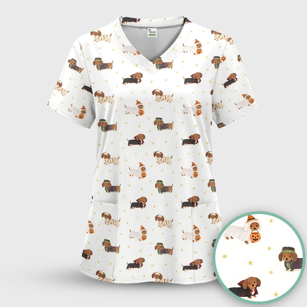 Halloween Dachshund Costumes Print Scrub Top, Comfortable Scrubs for Nurses