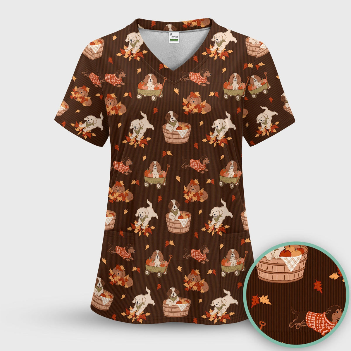 Cute Autumn Dogs And Falling Leaves Scrub Top, Comfortable Scrubs for Nurses